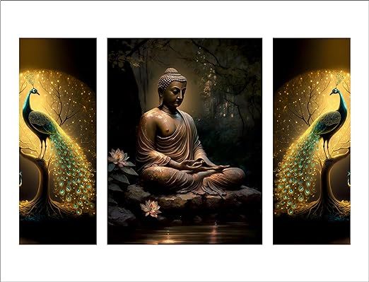 Design Set of 3 Meditating Gautam Buddha MDF Art Painting 18 Inch X 12